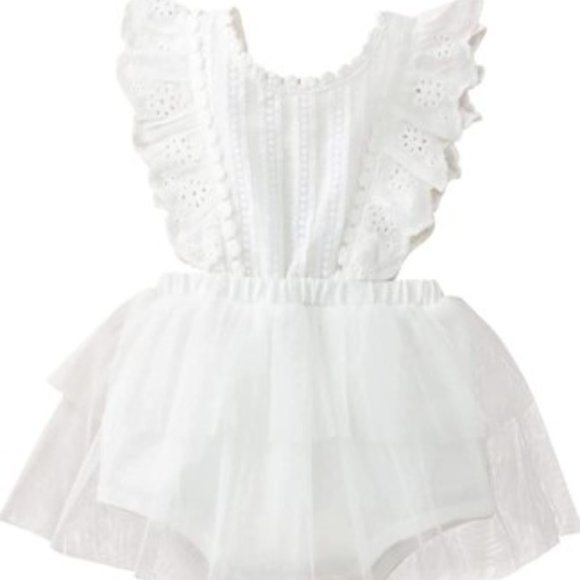 Floral Lace Boho Birthday Outfit Dress Clothes Easter White Romper Baptism tulle - Picture 1 of 11